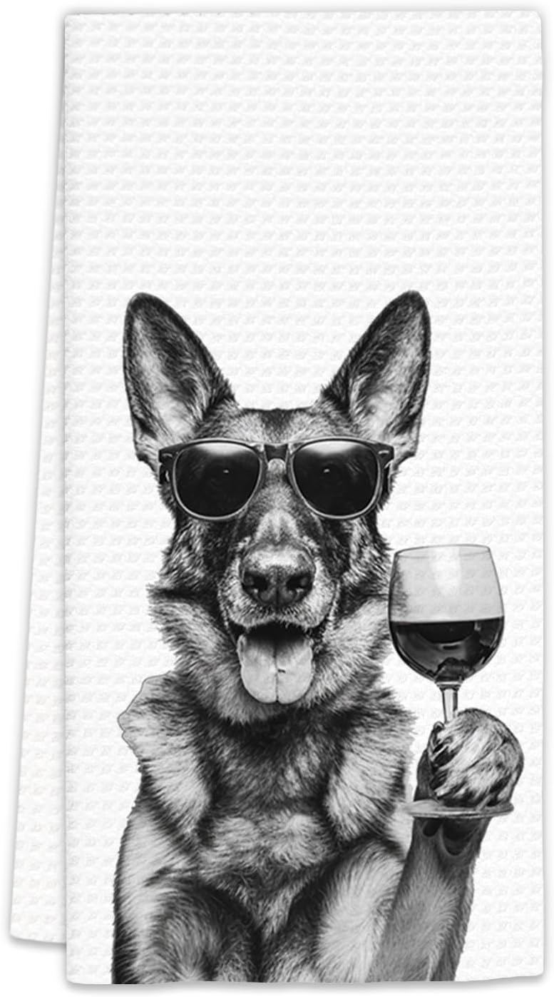 FIicy German Shepherd Gifts Wine Dog Kitchen Towels, Gifts for German Shepherd Wine Lovers Decorative Hand Dish Towel for Kitchen Home Bar, Funny Germanshepherd WineLover Home Bar Decor(16x24Inch) - Image 1